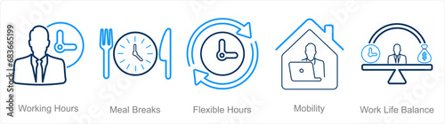 A set of 5 Employee Benefits icons as working hours, meal breaks, flexible hours