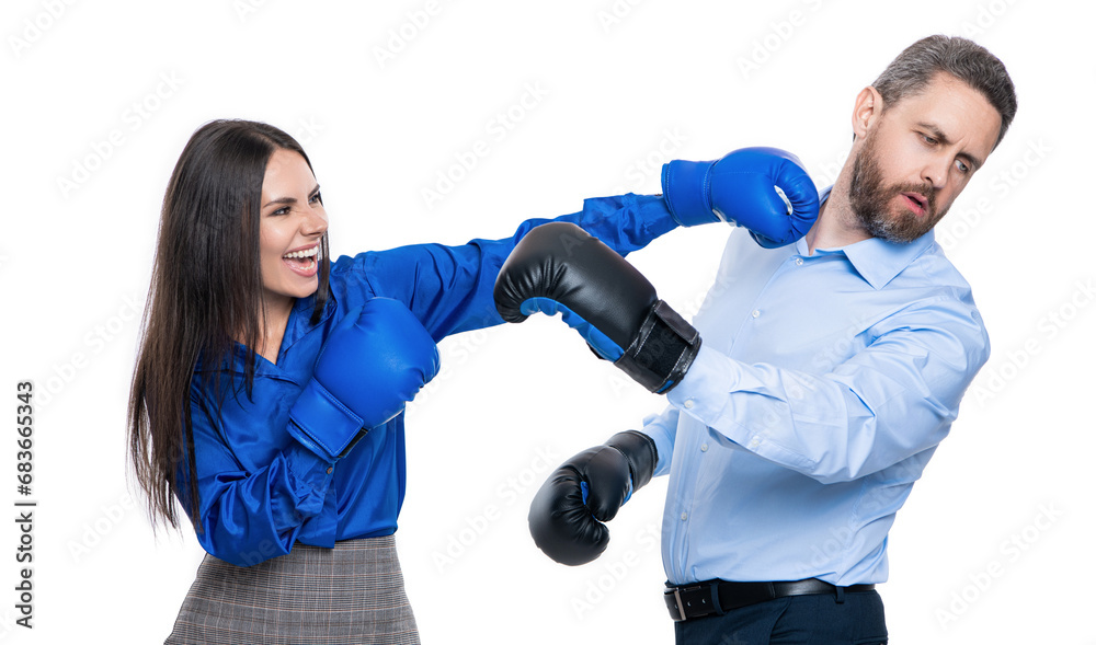 businesspeople ready to fight. working competition. businesspeople in boxing gloves isolated on white. business competition. corporate competition between business partners. failure at workplace