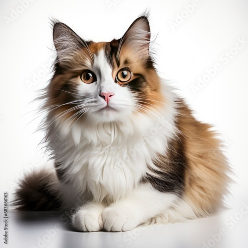 Pretty Bicolor Ragdoll Cat Sitting Facing, Isolated On White Background, For Design And Printing