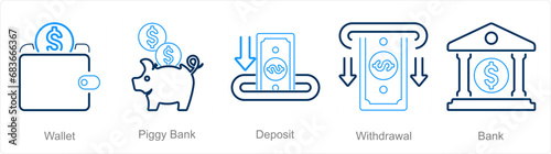 A set of 5 Finance icons as wallet, piggy bank, deposit