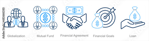 A set of 5 Finance icons as globalization, mutual fund, financial agreement