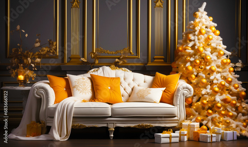Elegant modern living room with a Christmas tree decorated and a white sofa in front of it, all in a light orange color scheme