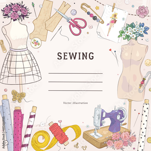 Square atelier banner template for greeting card and social media mobile apps. Sewing equipment and needlework. Vector illustration of sewing machine, mannequin, sewing tools and flowers