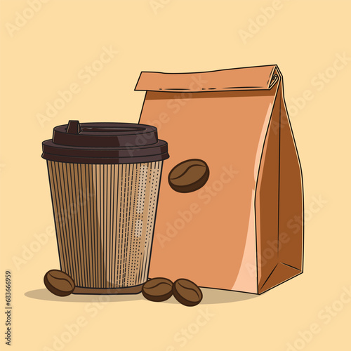 vector illustration of coffee an paper bag coffee bean cartoon