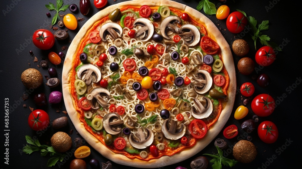Conceptualize an image presenting a vegetarian pizza loaded with colorful bell peppers, mushrooms, and olives
