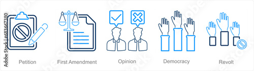 A set of 5 Freedom of Speech icons as petition, first amendment, opinion