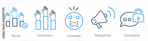 A set of 5 Freedom of Speech icons as revolt, democracy, censored