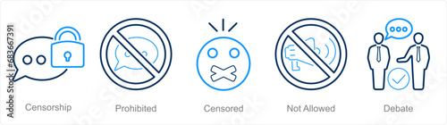 A set of 5 Freedom of Speech icons as censorship, prohibited, censored