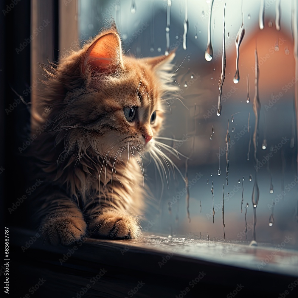 Fototapeta premium cute little kitten sitting at the window looking out at a rainy day