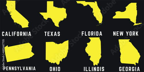 US States Vector Illustration, featuring California, Texas, Florida, New York, Pennsylvania, Ohio, Illinois, Georgia. Yellow state outlines on black background, perfect for education, travel, tourism photo