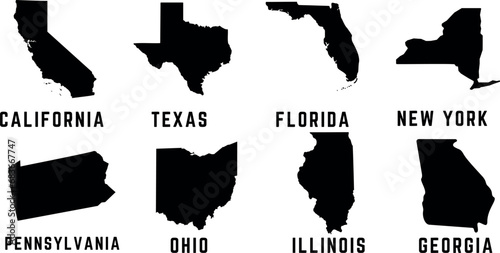 US State maps Vector Illustration. Showcasing California, Texas, Florida, New York, Pennsylvania, Ohio, Illinois, Georgia. Black silhouettes on white. for travel, tourism, education, geography quizzes photo