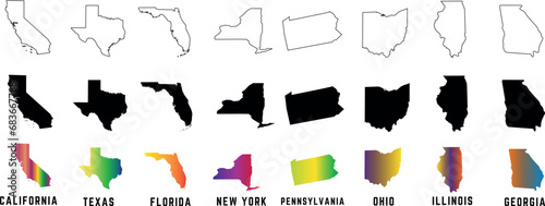US State Outlines Vector Illustration. Black and white display of California, Texas, Florida, New York, Pennsylvania, Ohio, Illinois, Georgia. Ideal for educational materials, maps, infographics