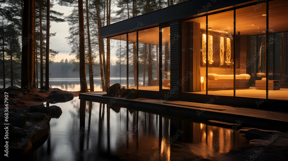 Finland sauna warming up and healing in a spa wellness resort cabin, generative ai - obrazy, fototapety, plakaty 
