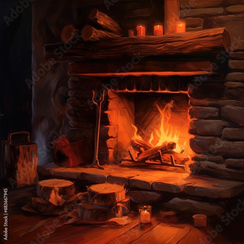 fireplace with burning wood during the christmas