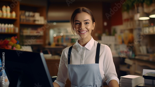 A female cashier wearing a cashier uniform happily serves customers at the shopping counter. Bright and gives good friendship to customers photo