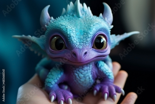 Cute Little baby dragon sitting in people arm. generative ai.