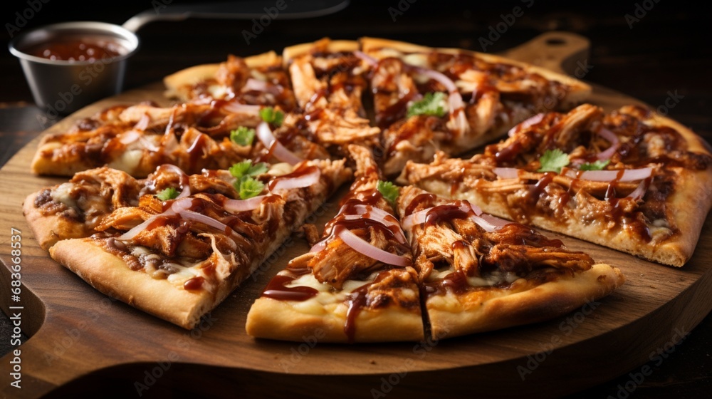 Craft an image showcasing a delectable BBQ chicken pizza with a tangy sauce and caramelized onions