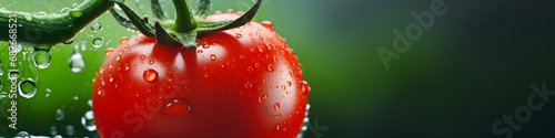 Micro close up of a fresh hanged tomato with water drops dew as wide banner with copy space area, broad header, vegetable grower, producer, generative ai