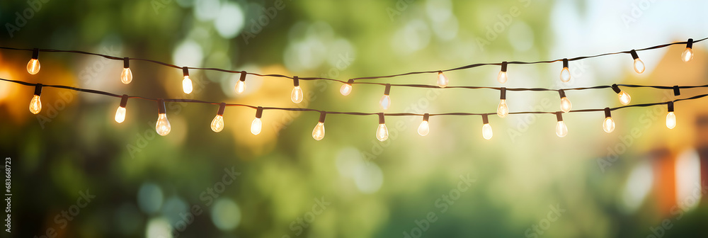 Outdoor party string lights hanging in backyard on green bokeh background with copy space, generative ai - obrazy, fototapety, plakaty 