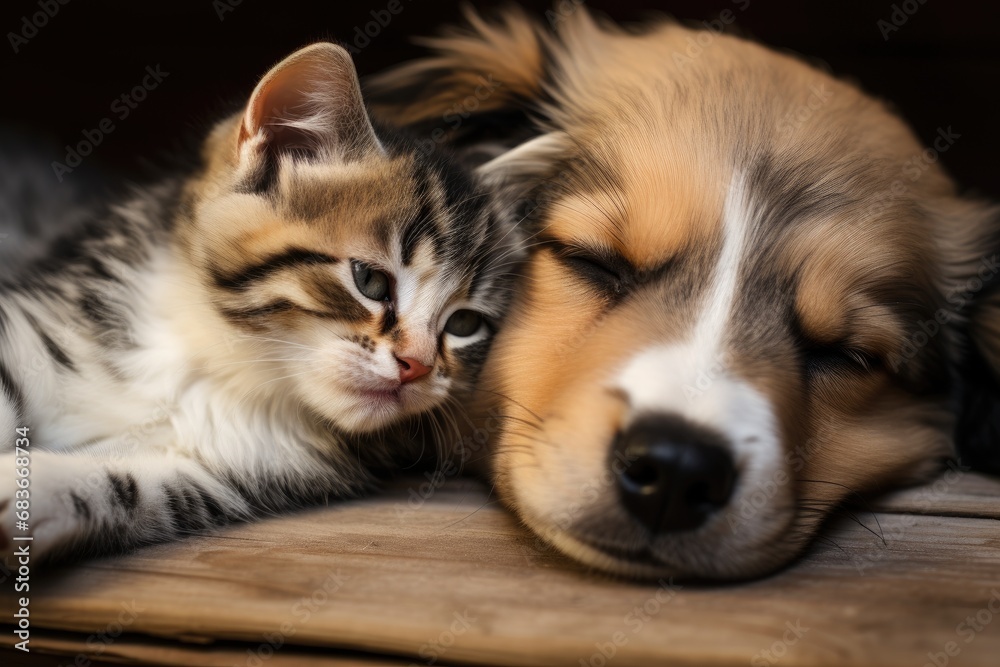 cute little puppy and kitten cuddle together to sleep