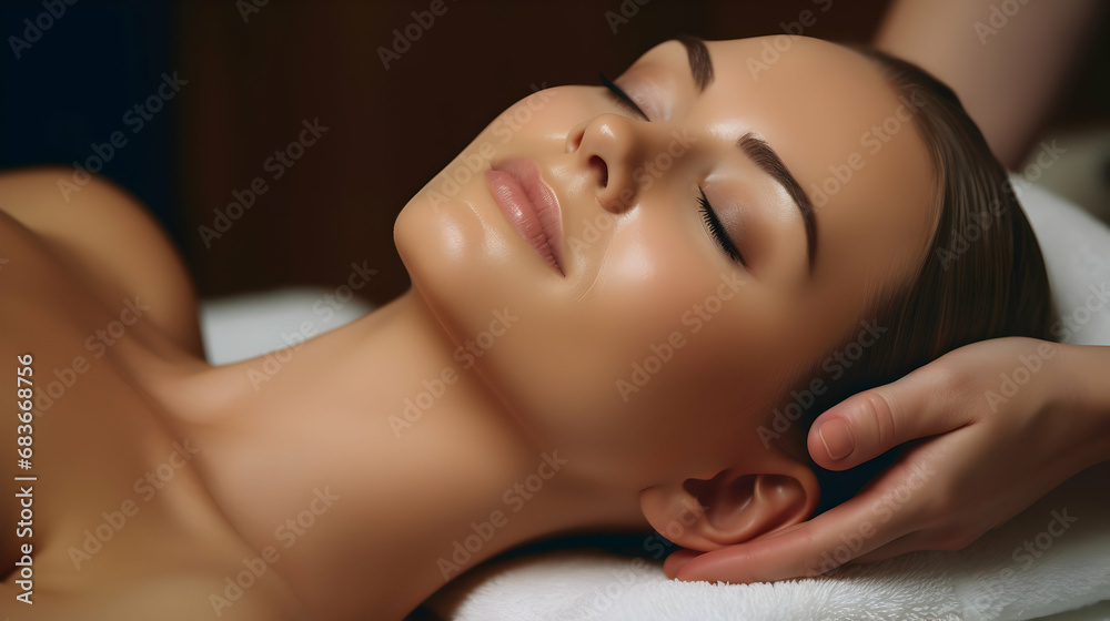 Face of calm female during luxurious procedure of massage in spa room. Generative ai. Face of calm female during luxurious procedure of massage in spa room. Generative ai.