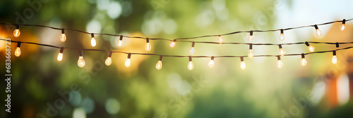 Outdoor party string lights hanging in backyard on green bokeh background with copy space, generative ai