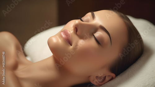 Face of calm female during luxurious procedure of massage in spa room. Generative ai.
