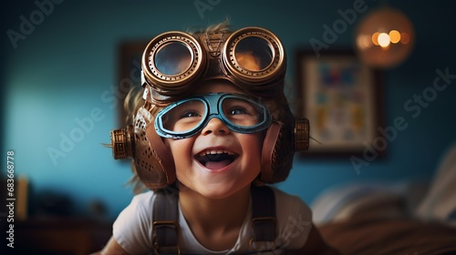 Charming kid playing with flying goggles photo