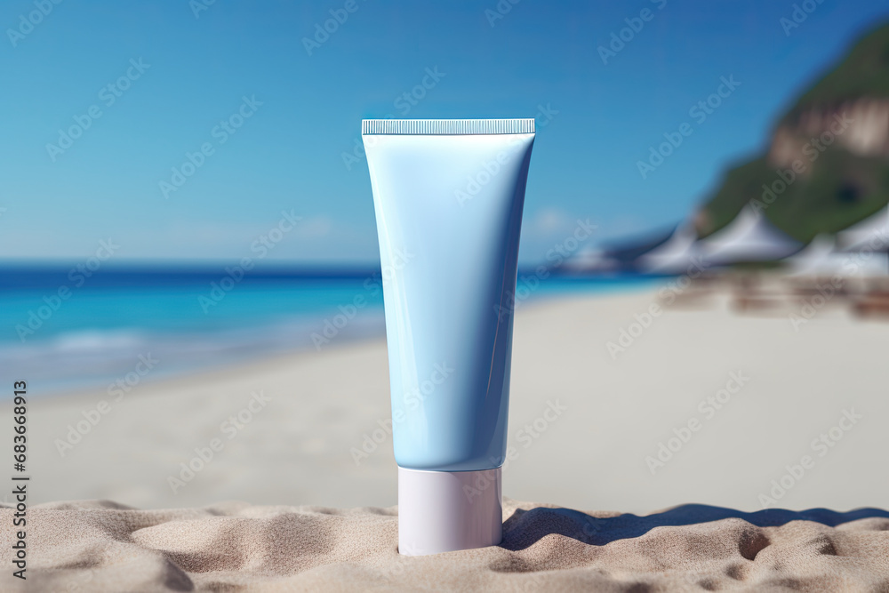 black mockup cosmetic tube or sunscreen tube on sandy beach. packaging design concept.
