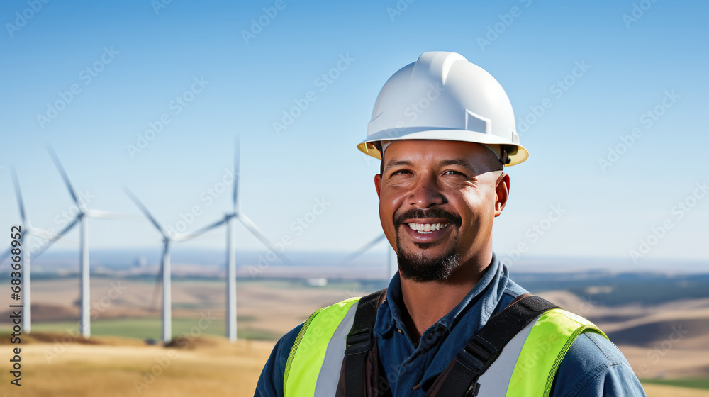 Headshot of male worker in safety helmet smiling in landscape filled with wind turbines Headshot of male worker in safety helmet smiling in landscape filled with wind turbines