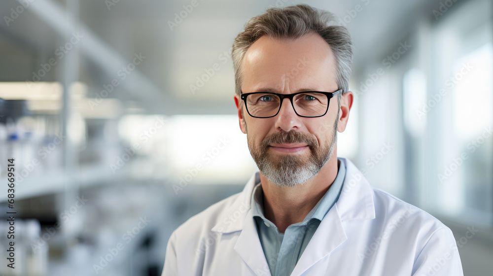Headshot of middle-aged male scientist in a research laboratory Headshot of middle-aged male scientist in a research laboratory
