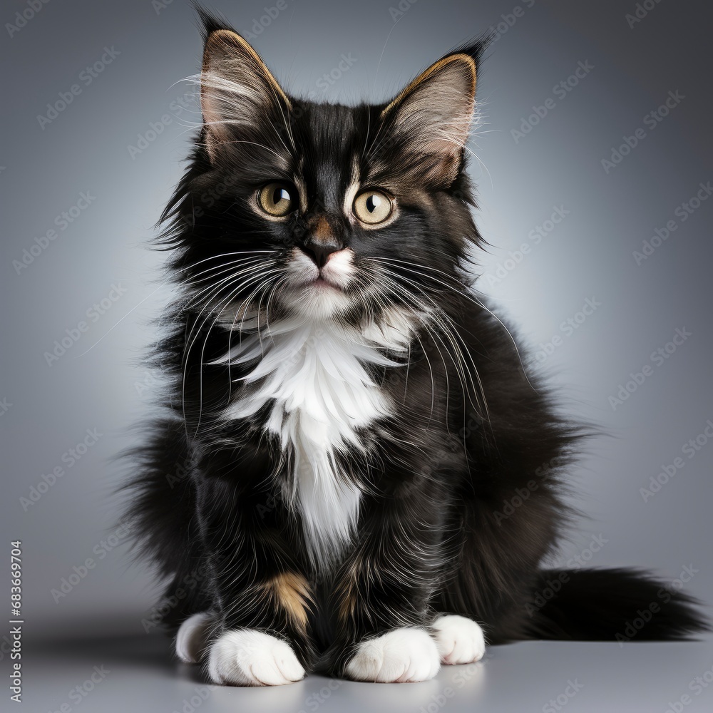 Playful Black White Kitten On Background, Isolated On White Background, For Design And Printing
