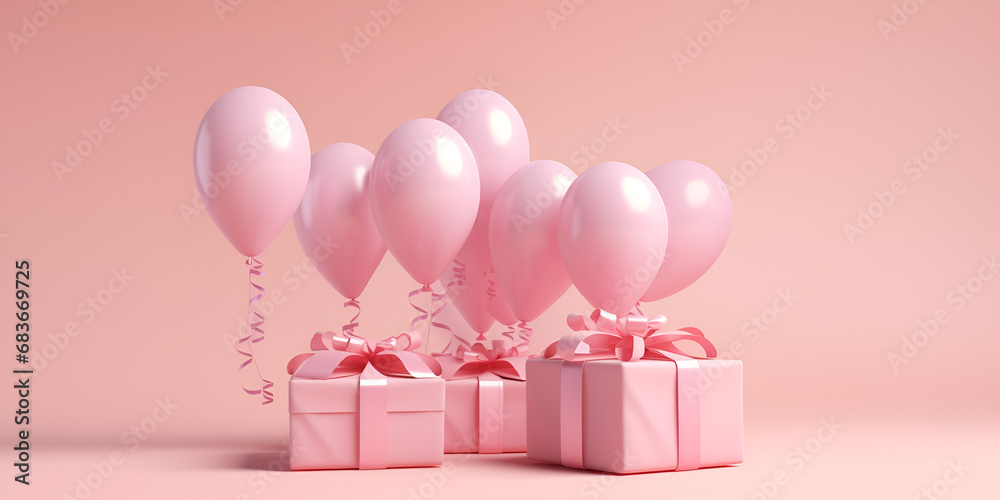 Pink birthday decor with balloons an pink gift boxes in pink room background,,
Pink Party Delight  Festive Birthday Decorations Generative Ai