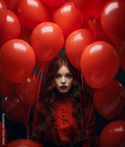 Smiling young woman with bunch of red balloons wearing a dress on the red balloons background. Beautiful girl with curly hair holds red air balloons. Lifestyle people concept. © pijav4uk