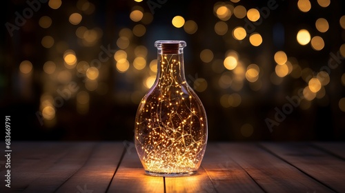 Christmas lights in a glass bottle on a dark background