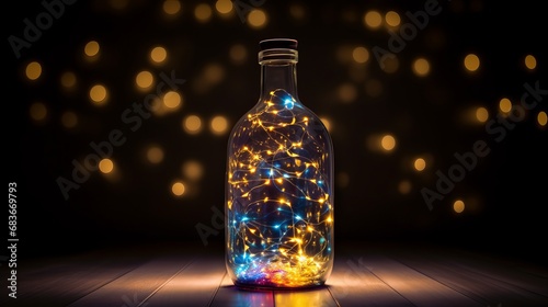 Christmas lights in a glass bottle on a dark background