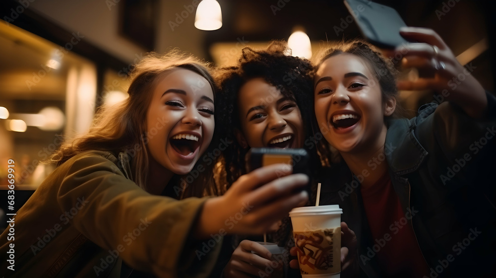 Selfie of close friends. Smiling girls with fast food. Ad banner. Menu recipe. Generative ai. Selfie of close friends. Smiling girls with fast food. Ad banner. Menu recipe. Generative ai.