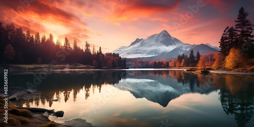 
A beautiful sunset over a lake with mountains in the background. photo