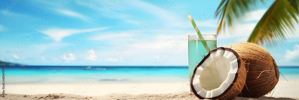 Coconut Header Tropical beach with sea coconut drink on sand, summer holiday ...