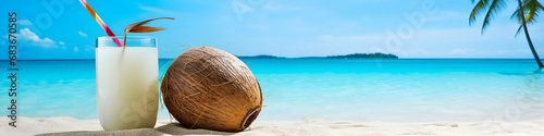Tropical beach with sea coconut drink on sand, summer holiday background. Travel and beach vacation, ad banner, web digital header template, generative ai photo