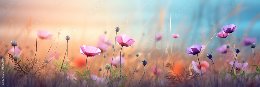 Wild flowers plant on summer or autumn nature background with copy space, panorama view, web header, seasonal wallpaper, generative ai - obrazy, fototapety, plakaty 