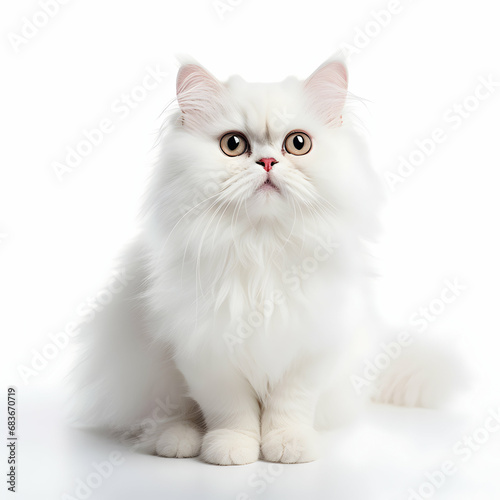 White Persian cat sits on an isolated white background, generative ai