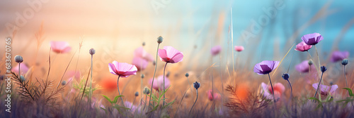 Wild flowers plant on summer or autumn nature background with copy space, panorama view, web header, seasonal wallpaper, generative ai photo