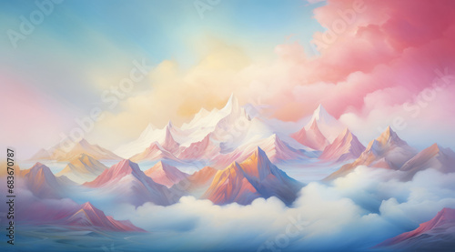 Mountains bathed in the warm glow of a pink sunrise. Purple clouds.