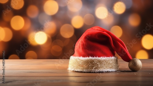 Santa Claus hat on wooden table, glowing bokeh background. Generative ai