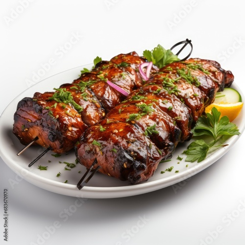 Grilled Pork Barbecue Roasted Shish Kebab, Isolated On White Background, For Design And Printing