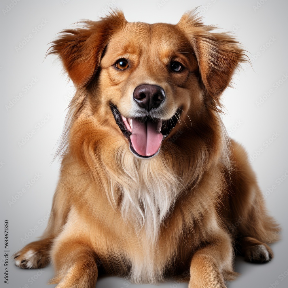 Happy Sitting Panting Golden Retriever Dog, Isolated On White Background, For Design And Printing