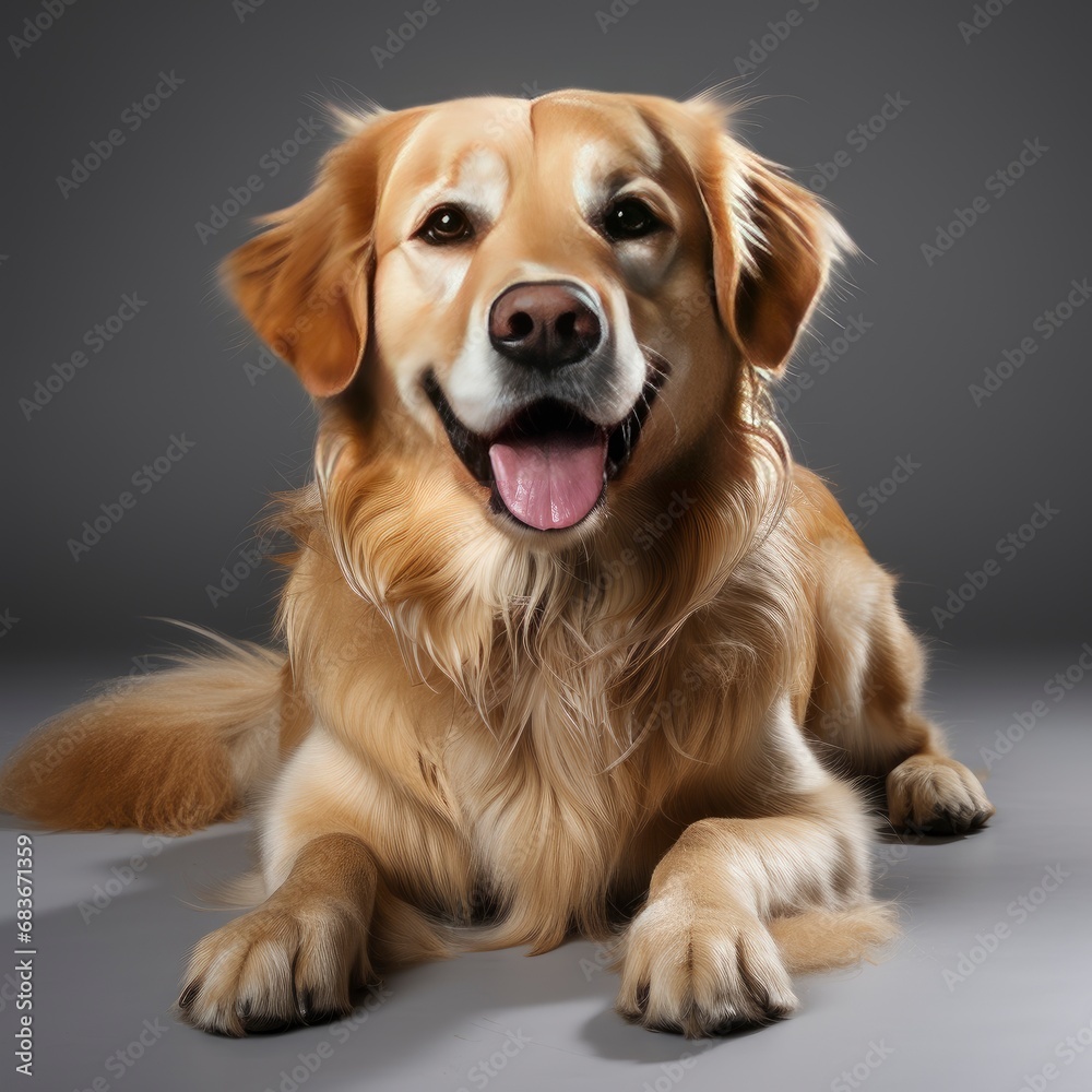 Happy Sitting Panting Golden Retriever Dog, Isolated On White Background, For Design And Printing