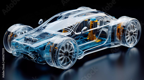 Transparent car engine model with glassy sleek look. new generation car model transparent engine, transparent car concept, modern car model, photo