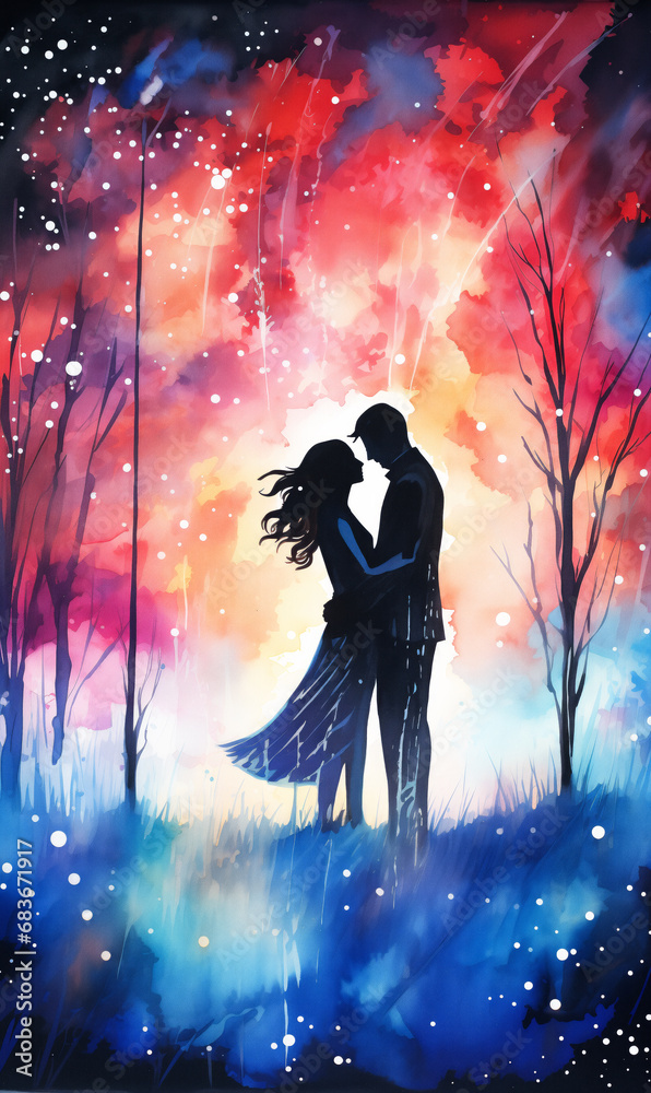 Romantic couple in love kissing in the forest, watercolor illustration. Valentine's Day.